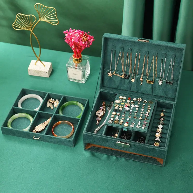Luxury Vintage Dark Green Velvet Jewelry Box | Large Capacity Jewelry Storage Box Nixie