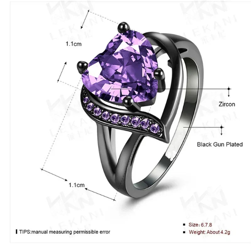 Black Gold Heart Purple Zircon Fashion Ring | Sizes 6–10 Fashion Ring Nixie