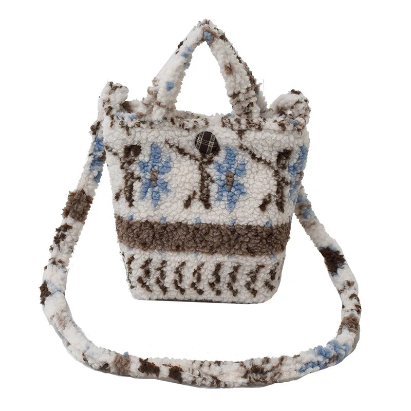 Fluffy Lamb Wool Crossbody Bucket Bag – Women's Furry Handbag Crossbody Bucket Bag Nixie BB-698-Beige Extra Large