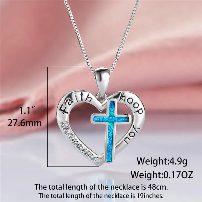 Silver Blue Simulated Opal Heart Cross Pendant Necklace Pendant Necklace Nixie