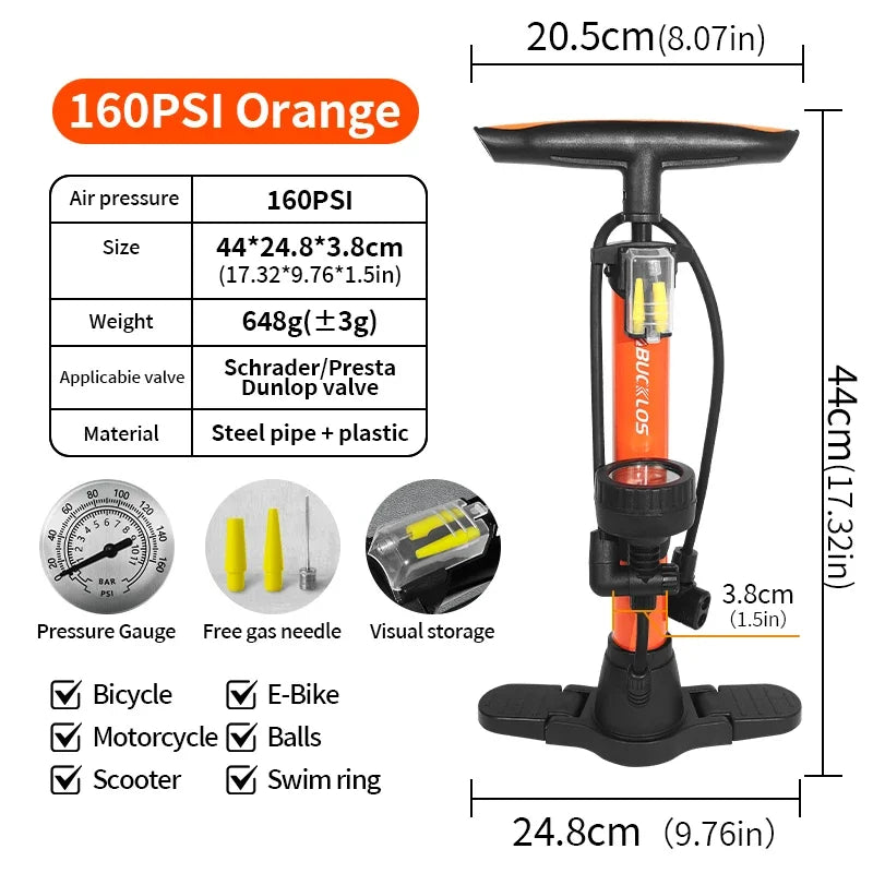 BUCKLOS 160PSI Bike Floor Pump – Schrader & Presta Valve Bicycle Floor Pump Nixie ORANGE