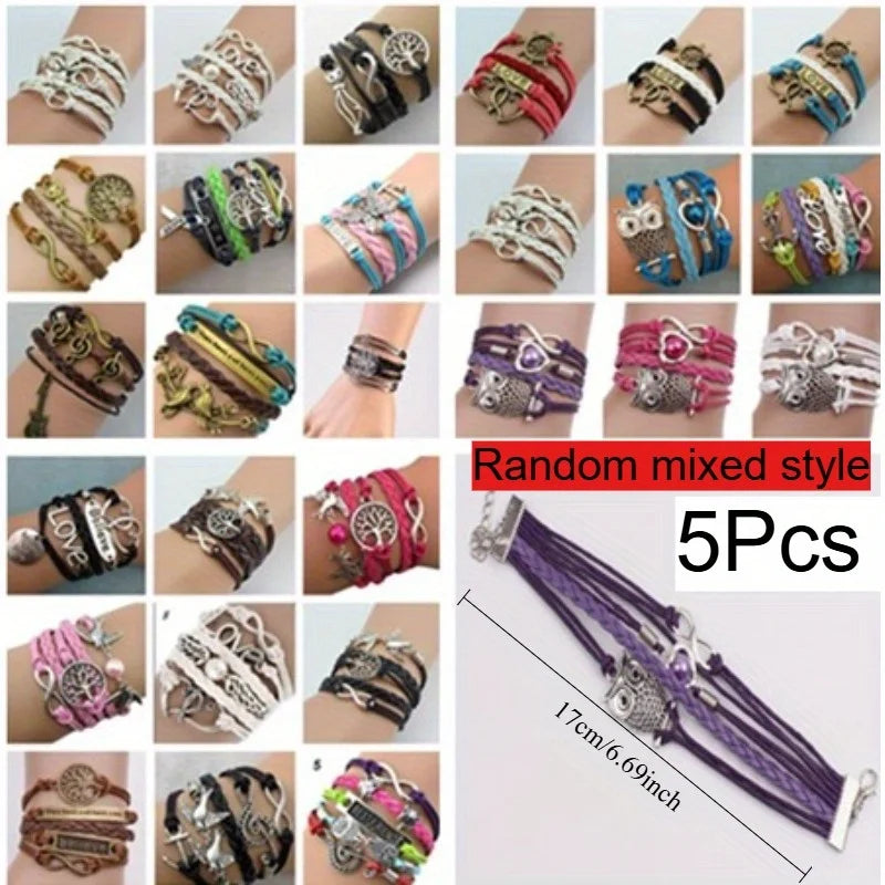 5Pcs Multilayer Leather Wrap Bracelets – Heart Charm & Pearl Set Fashion Bracelet Set Nixie 16cm 5Pcs Random mixed st