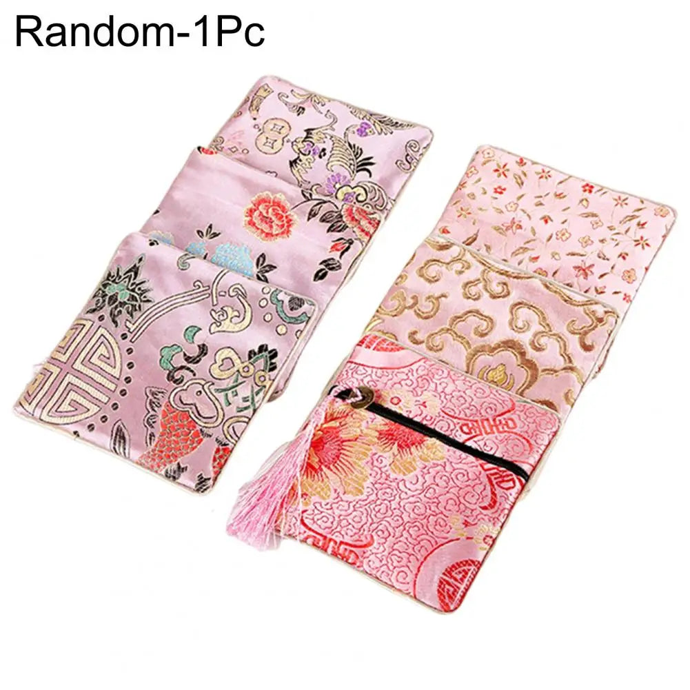 Chinese Brocade Embroidered Tassel Coin & Jewelry Pouch Brocade Zipper Pouch Nixie Pink