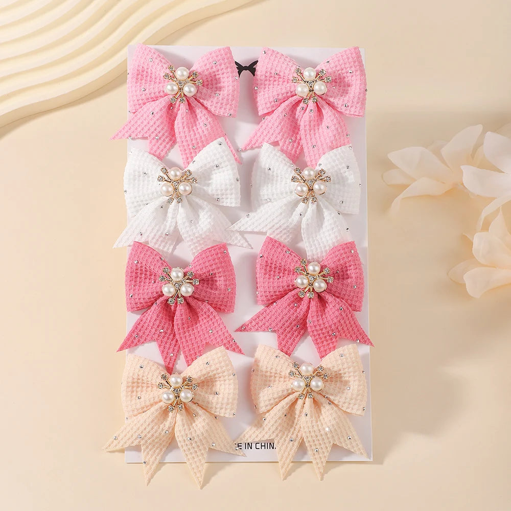 Waffle Fabric Pearl Rhinestone Bow Hair Clips 4 Pairs Girls Bow Hair Clips Nixie