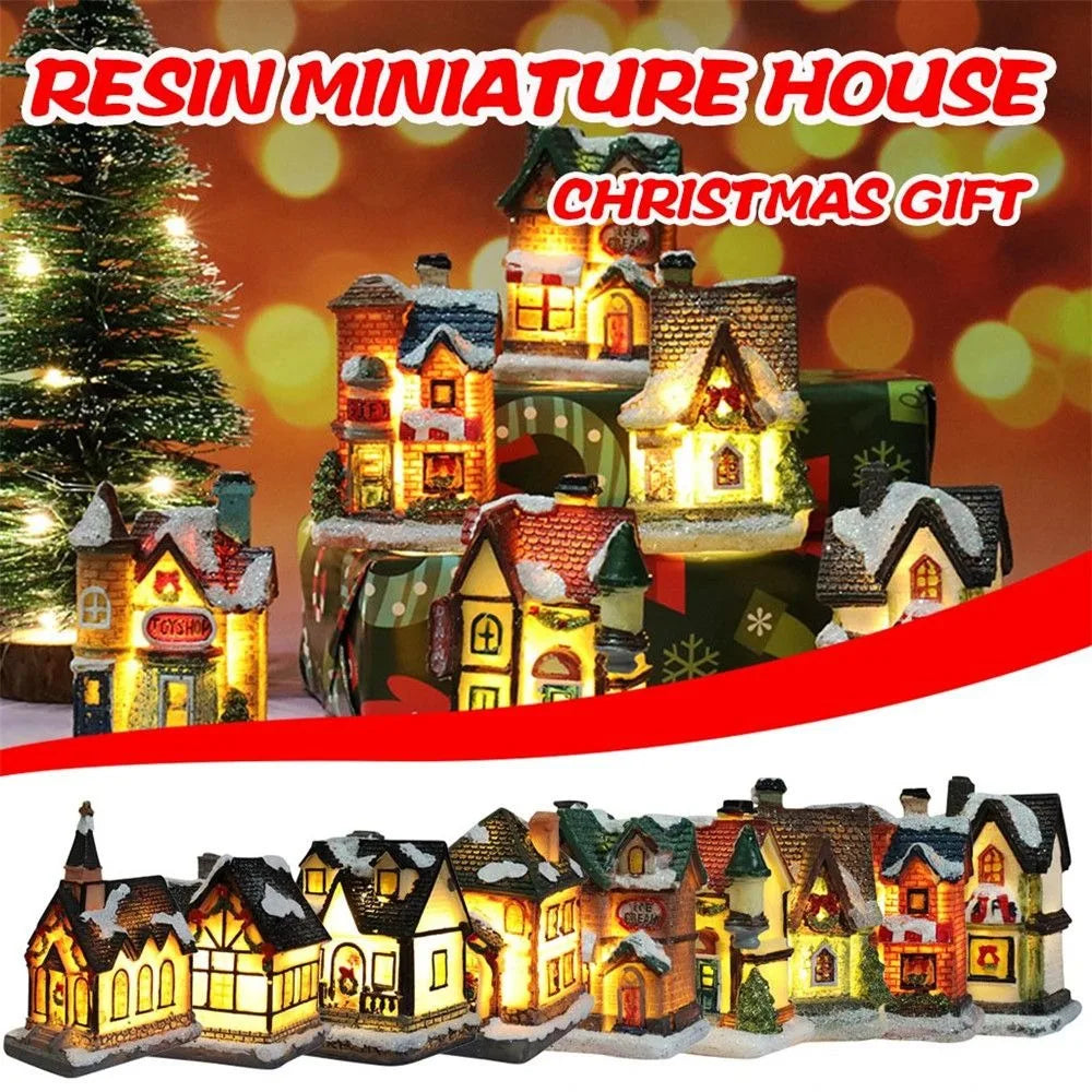 LED Miniature Christmas Village House Resin Ornament Decor Christmas Village Ornament Nixie