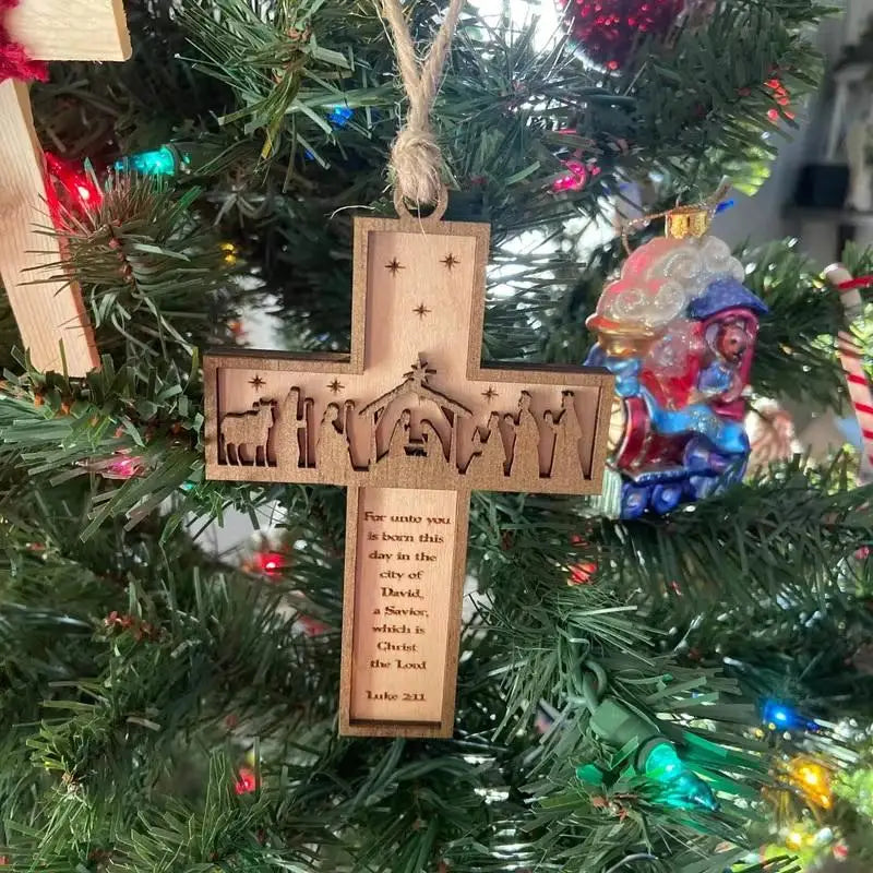 3D Nativity Wooden Cross Ornament – Handmade Christmas Decor Christmas Tree Ornament Nixie