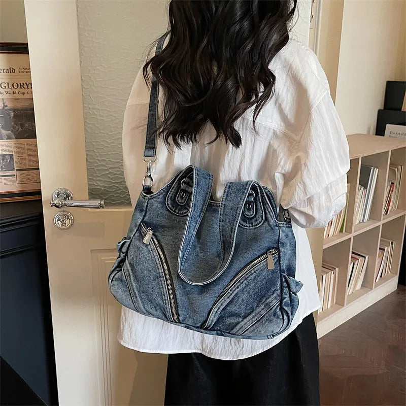 Women's Large Capacity Denim Tote Shoulder Bag – Retro Style Denim Tote Bag Nixie