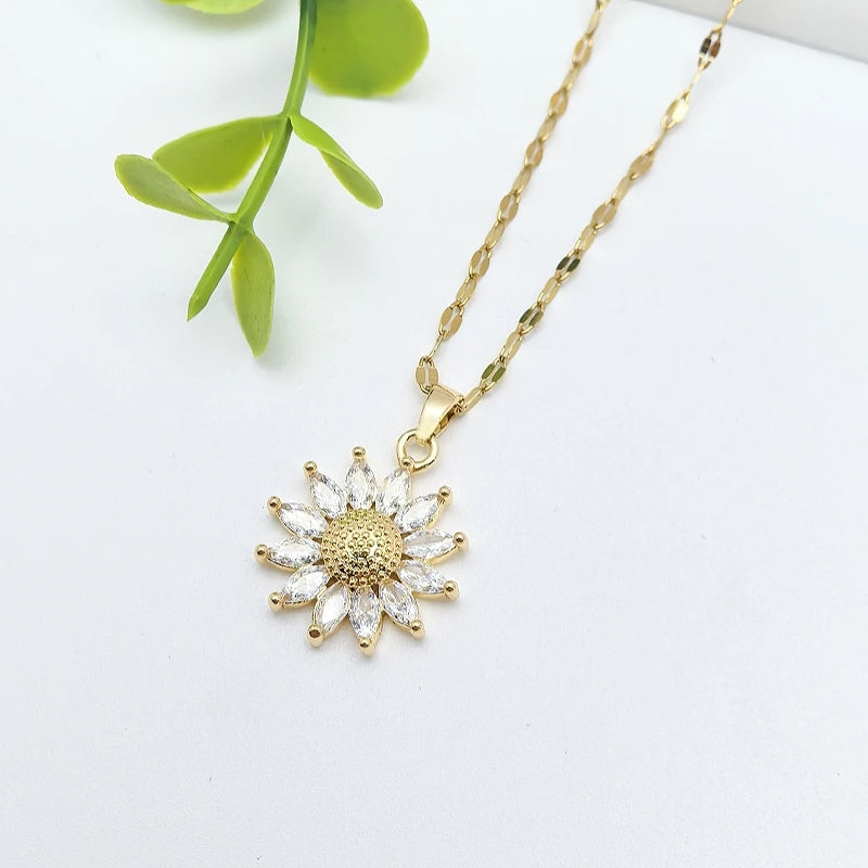 Sunflower Zircon Pendant Necklace | Stainless Steel Choker