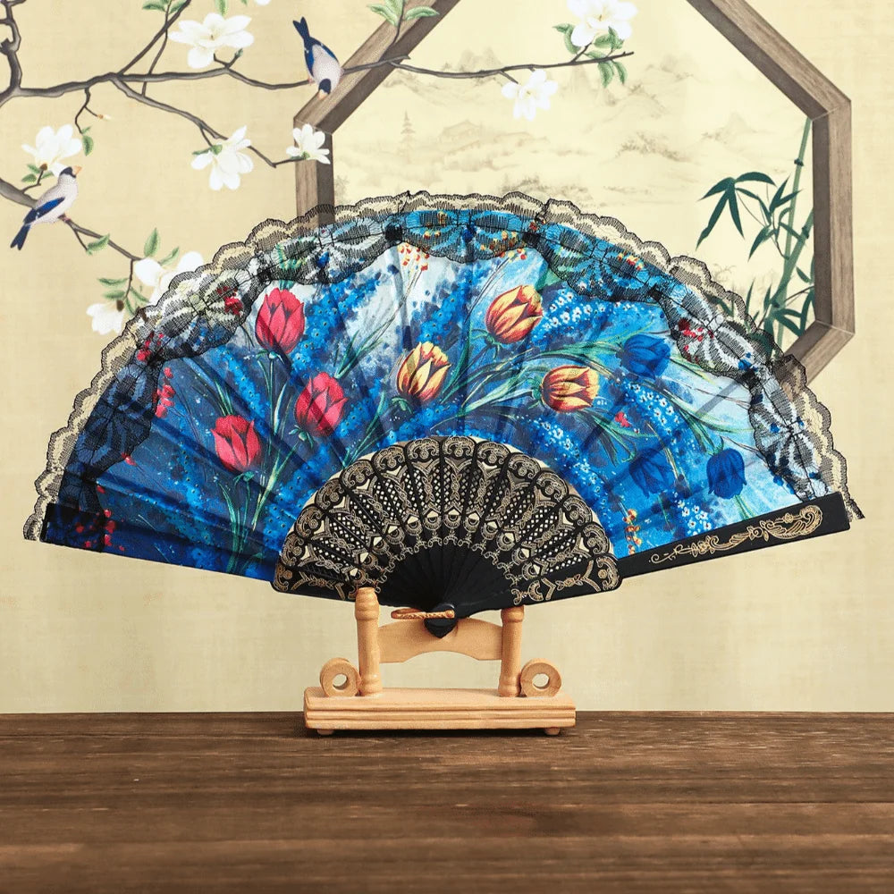 Spanish Folding Fan Black Floral Lace Dance Prop & Gift