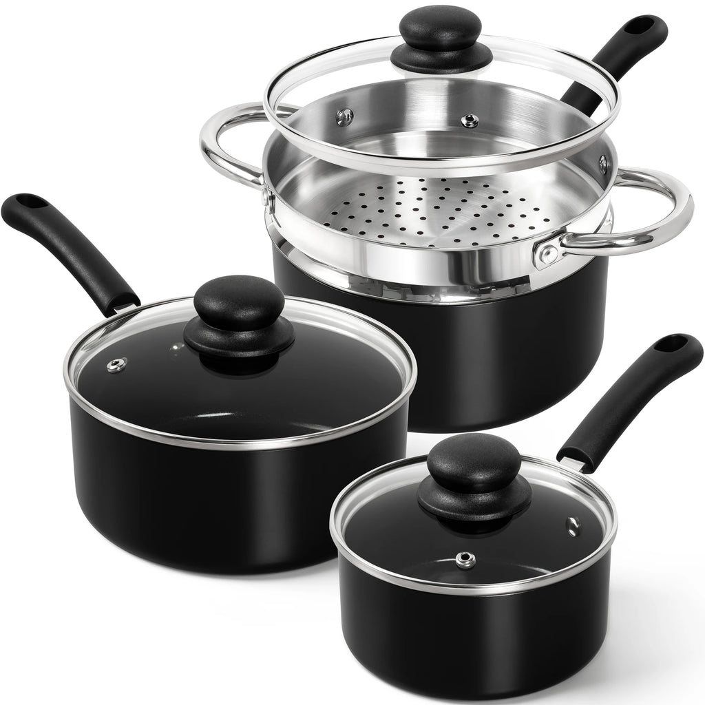 MICHELANGELO Ceramic Non-Stick Cookware Set with Steamer Cookware Set Nixie Three piece Set