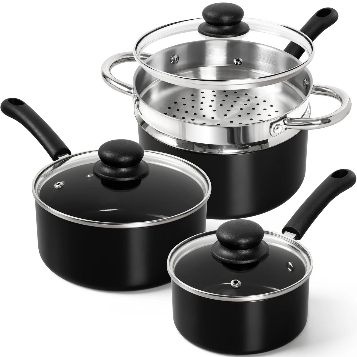 MICHELANGELO Ceramic Non-Stick Cookware Set with Steamer Cookware Set Nixie Three piece Set