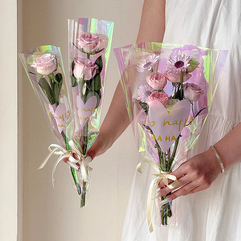 30PCS Iridescent Rose Sleeves Transparent Flower Wrapping Bags Floral Wrapping Bags Nixie