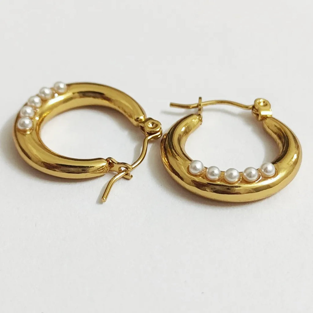 Imitation Pearl Gold Hoop Earrings – Stainless Steel Fashion