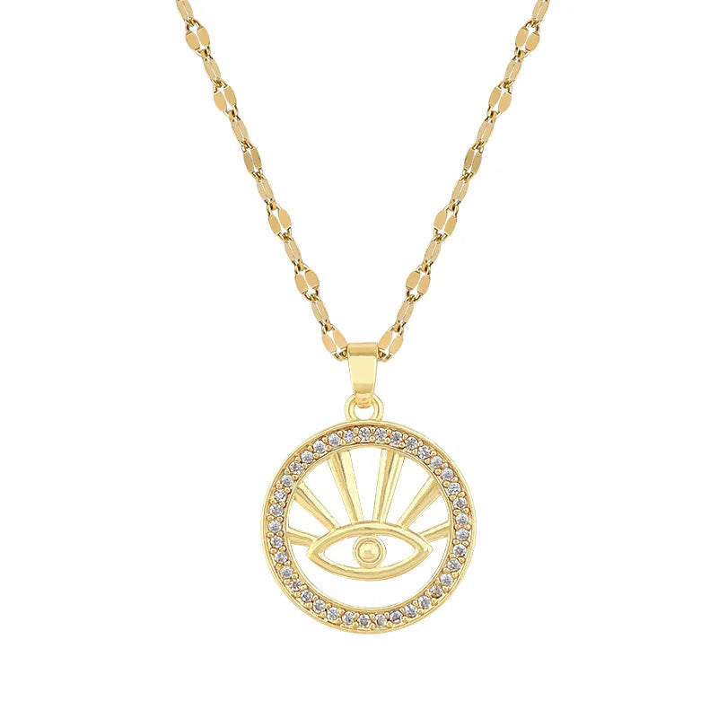Evil Eye Circle Pendant Necklace – Gold Stainless Steel & Zircon Pendant Necklace Nixie