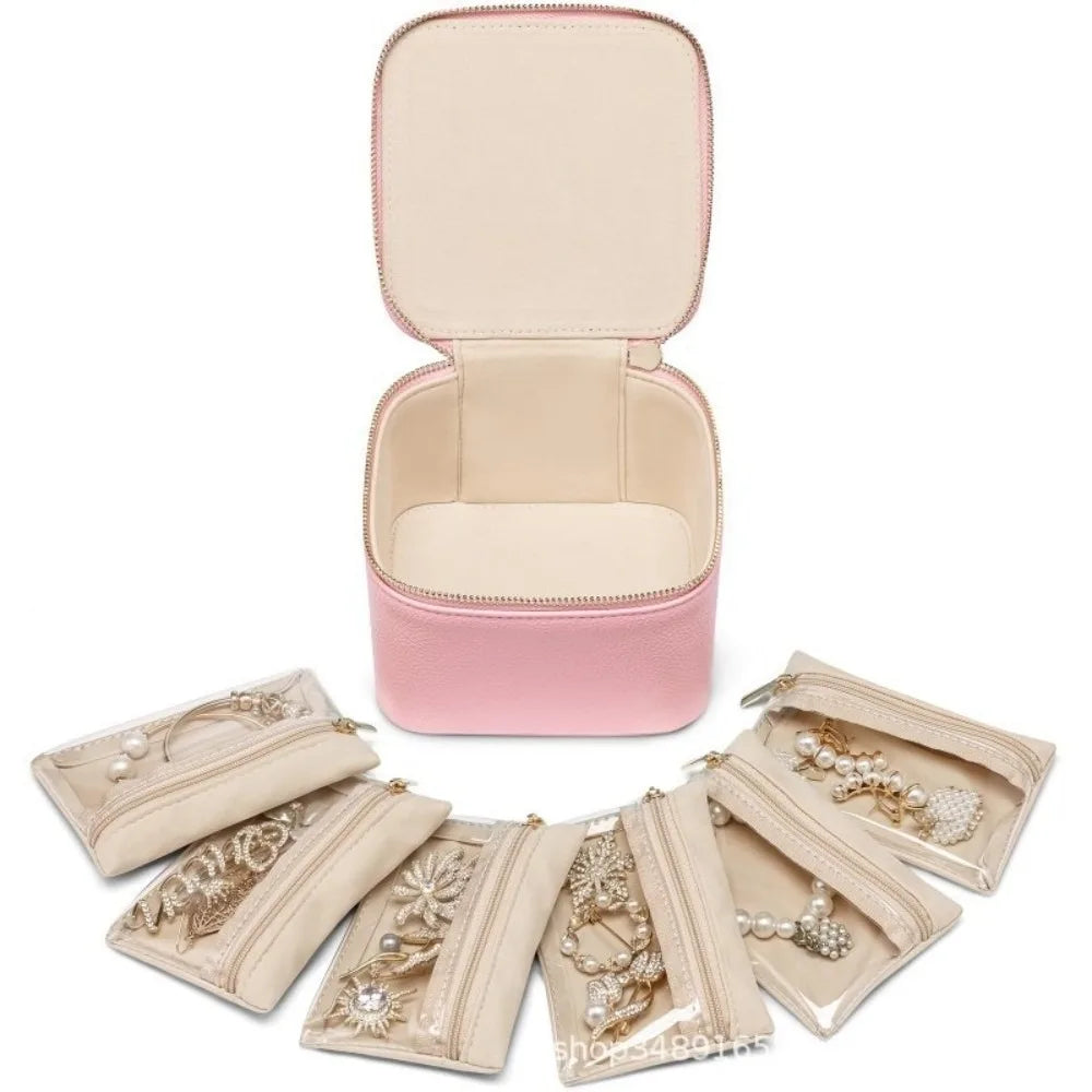 Portable PU Leather Travel Jewelry Box with 6/12 Velvet Pouches Travel Jewelry Box Nixie Pink-S