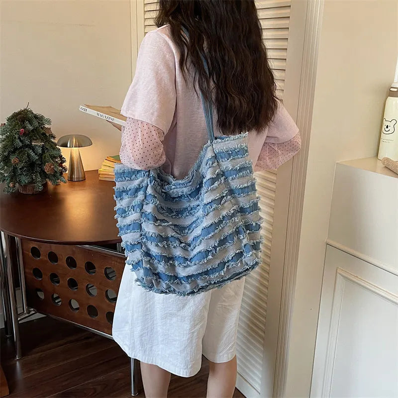 Striped Denim Tote Bag | 3D Raw Edge Women's Handbag