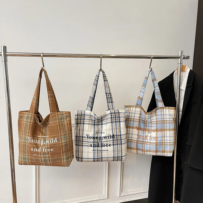 Retro Plaid Color-Block Tote Bag with Letter Embroidery Shoulder Tote Bag Nixie