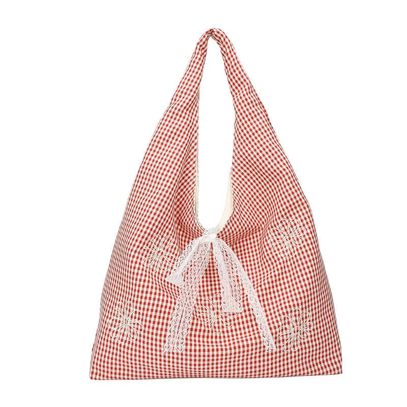Women's Plaid Shoulder Bag with Embroidered Flowers | Large Shoulder Bag Nixie Red Flower