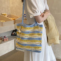 Women's Large Crochet Tote – Two-Tone Striped Shoulder Bag Crochet Tote Bag Nixie Blue