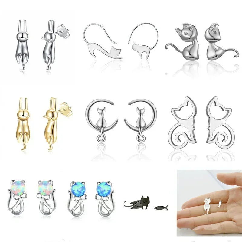 Cute Cat Hollow Stud Earrings – Silver & Gold | 1 or 5 Pairs Stud Earrings Nixie