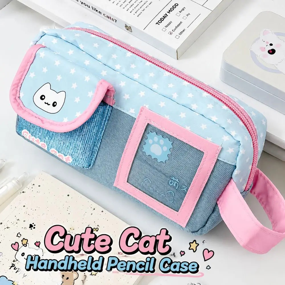 Denim Patchwork Pencil Case | Cat Print Large Capacity Pen Bag