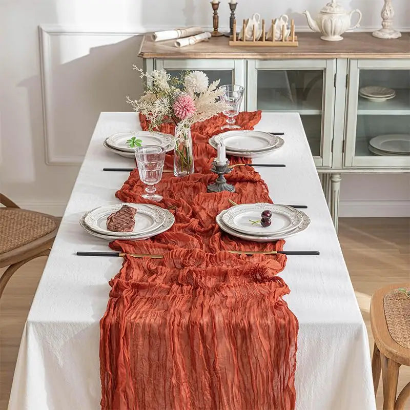 Boho Crinkled Cheesecloth Table Runner 120" – Wedding & Party Table Runner Nixie
