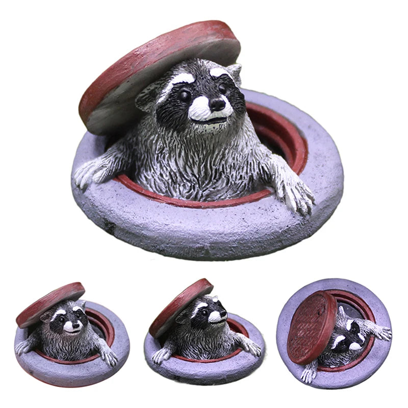 Raccoon Manhole Cover Garden Ornament – Resin Microlandscape Decor Garden Resin Ornament Nixie