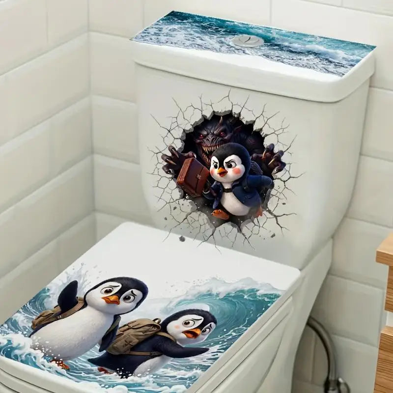 3D Penguin Toilet Lid Sticker – Funny Waterproof Bathroom Decal Bathroom Decor Sticker Nixie
