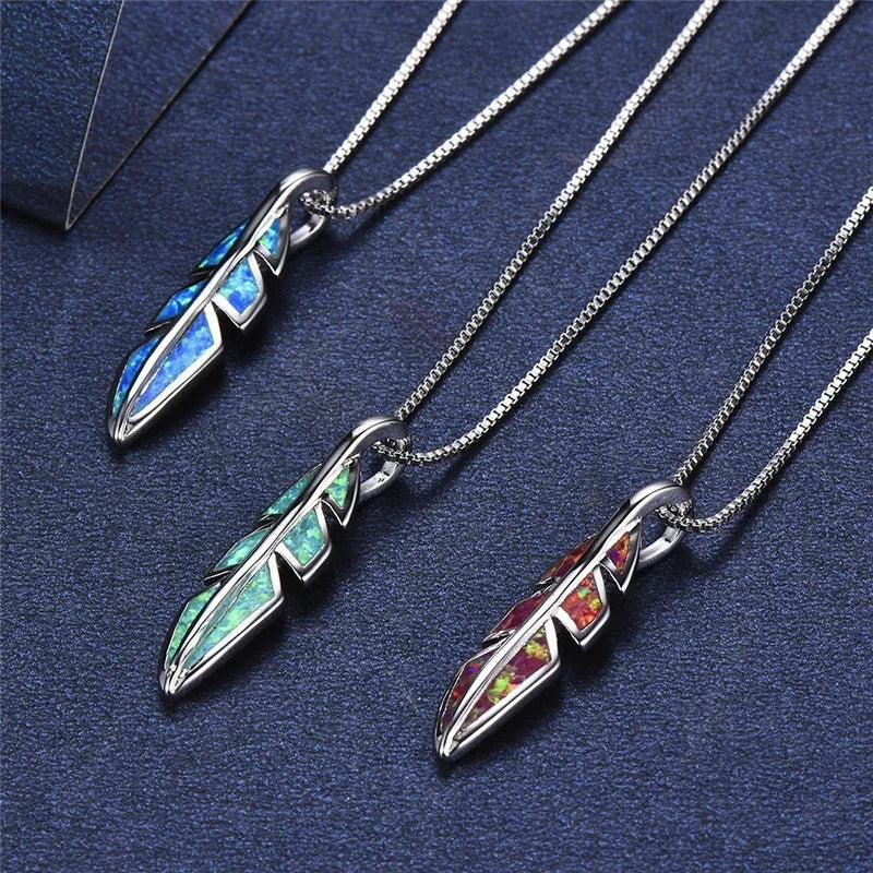 Fire Opal Feather Pendant Necklace – 925 Sterling Silver Pendant Necklace Nixie