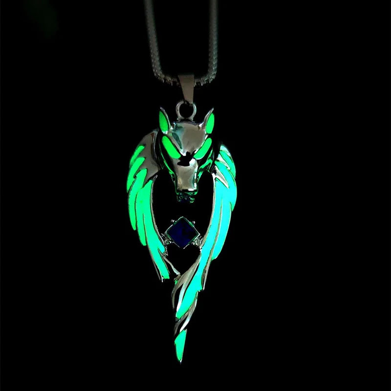 Glow in the Dark Wolf Pendant Necklace | Gothic Punk Steel Chain Pendant Necklace Nixie Green Light