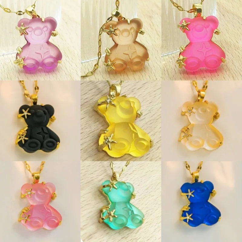 Resin Bear Lip Chain Necklace | Cubic Zirconia Gold Women
