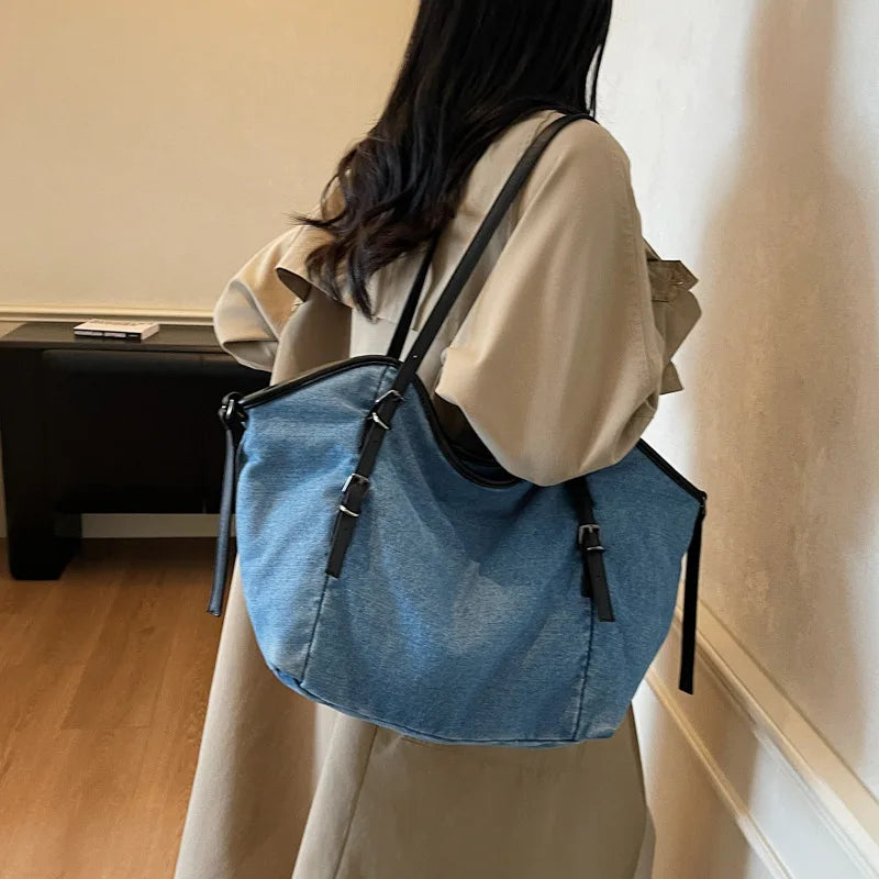 Nixie Denim Tote Bag – Large Women's Shoulder Bag for Work Denim Tote Bag Nixie