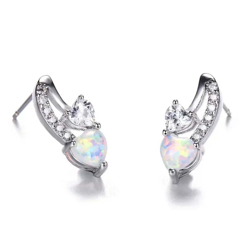 Simulated Opal Heart Drop Earrings – Zinc Alloy White Crystal