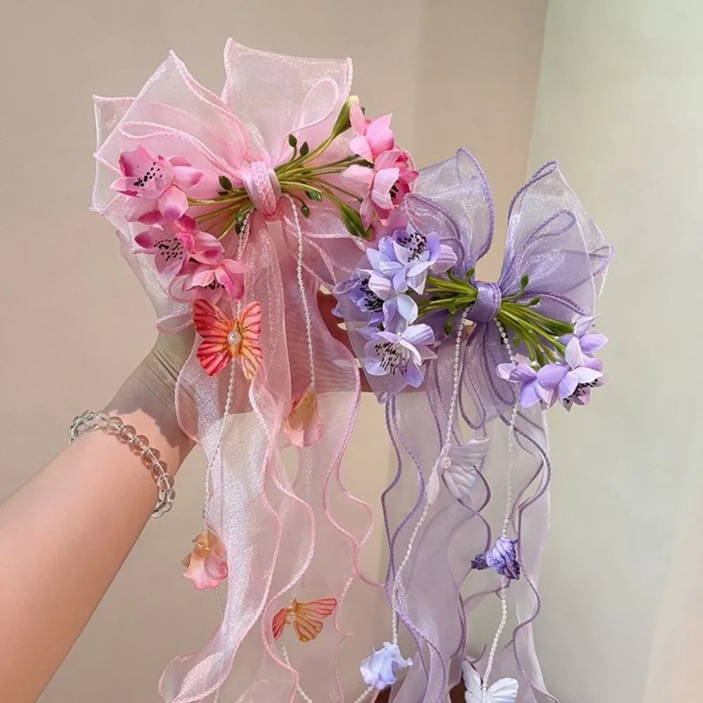 Pink Floral Bow Hair Clip Long Ribbon Butterfly Barrette