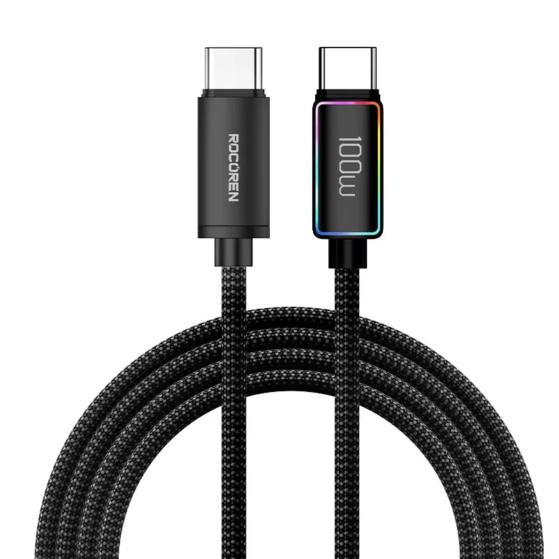 Rocoren 240W USB-C Cable RGB PD 3.1 QC 3.0 Fast Charging Cord USB-C Charging Cable Nixie 100W Black 1m