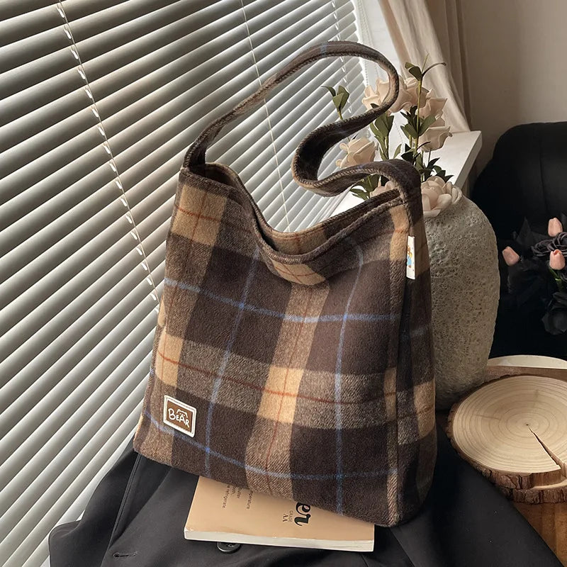 Vintage Plaid Woolen Tote Bag – Large Shoulder Handbag for Women Woolen Tote Bag Nixie Coffee