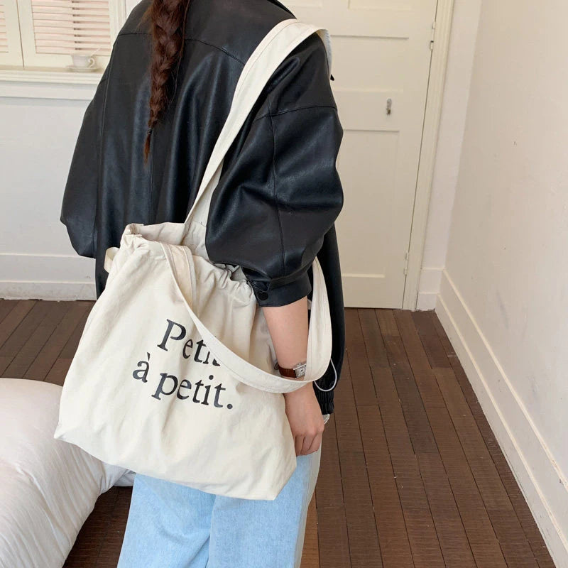 Korean Canvas Bucket Bag – Letter Print Shoulder Tote Canvas Shoulder Tote Nixie