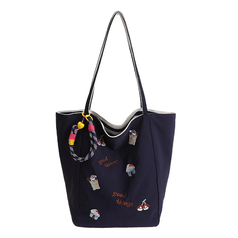 Cartoon Embroidery Tote Bag – Large Canvas Shoulder Bag Embroidery Tote Bag Nixie navy blue