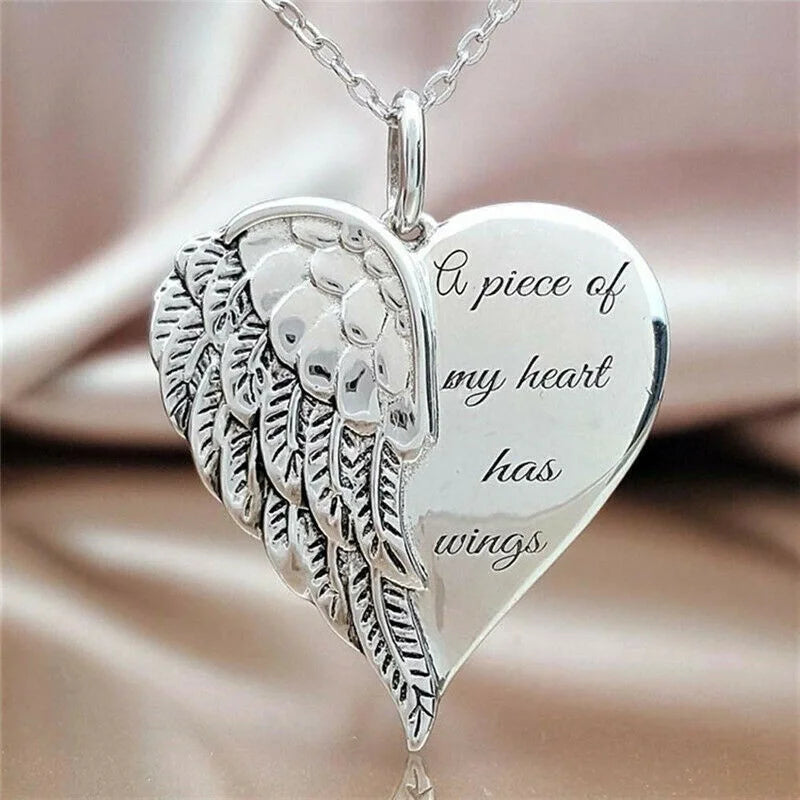 Love Heart Angel Wings Silver Pendant Necklace for Women