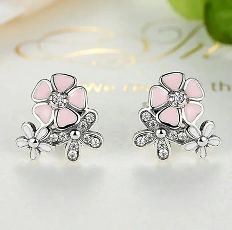 Floral Daisy Stud Earrings | Pink Crystal Rhinestone Women Stud Earrings Nixie
