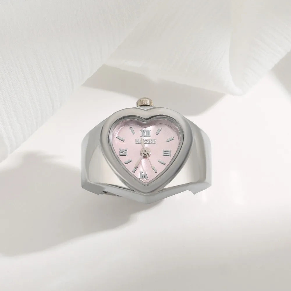 Retro Heart Shape Ring Watch – Stainless Steel Quartz Clock Ring Watch Nixie Silver Pink