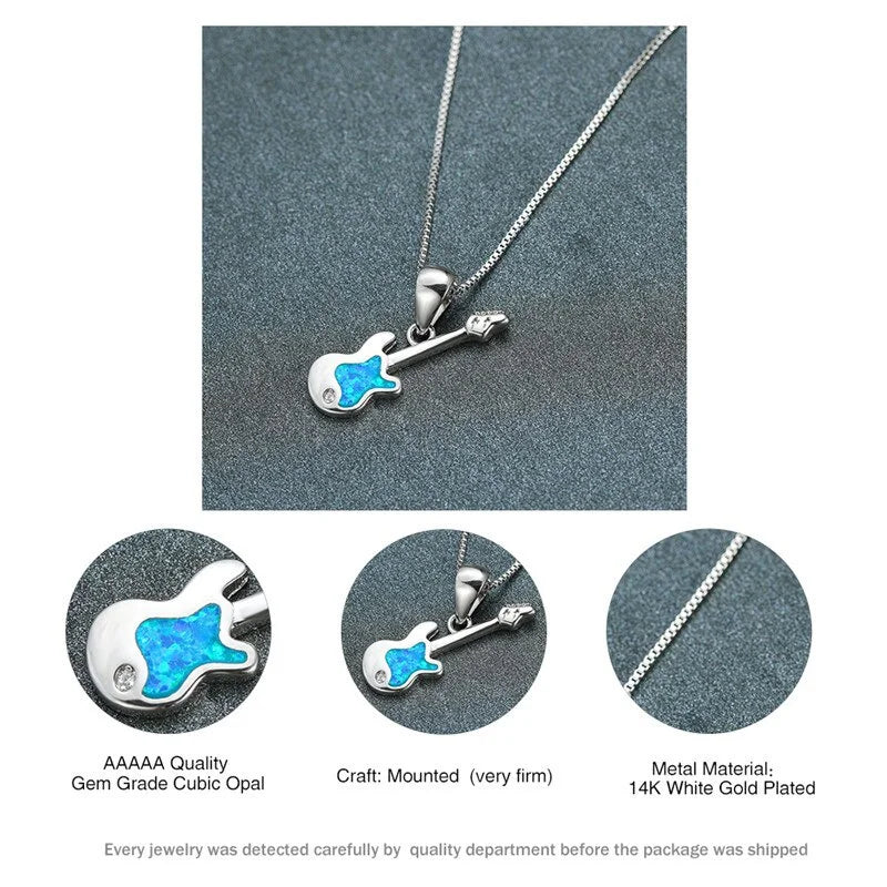 Crystal Opal Guitar Pendant Necklace – Silver Chain for Women Pendant Necklace Nixie