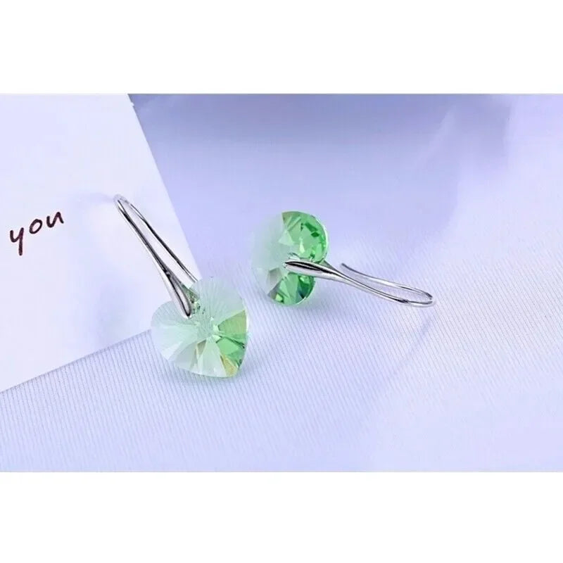 Women's Silver Green Rhinestone Heart Hook Drop Earrings