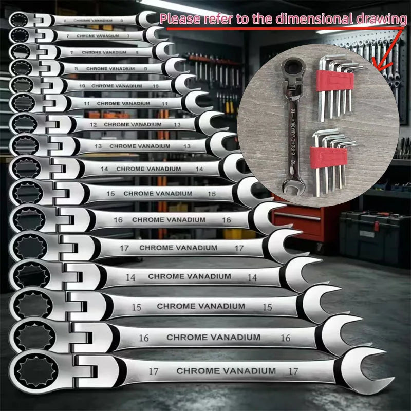 11-Pc Vanadium Steel Wrench Set – Hex Keys & Swivel Ratchet Combination Wrench Set Nixie