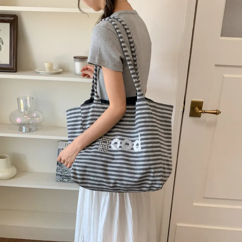 Striped Canvas Tote Bag – Large Women's Shoulder Bag | Nixie Canvas Tote Bag Nixie