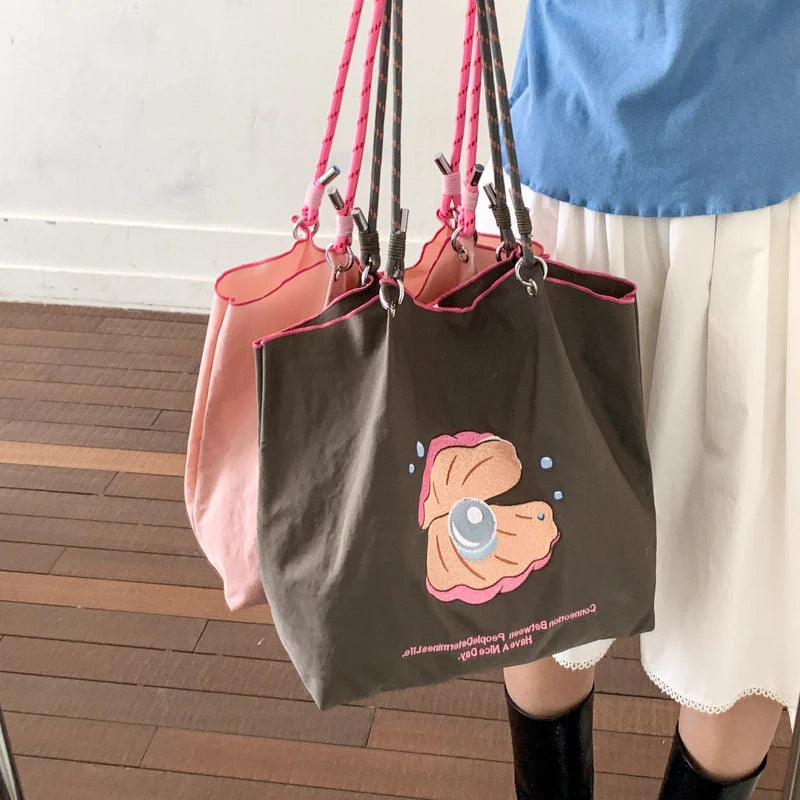 Japanese Cartoon Embroidered Canvas Tote Bag – Cute Shoulder Bag Canvas Shoulder Tote Nixie