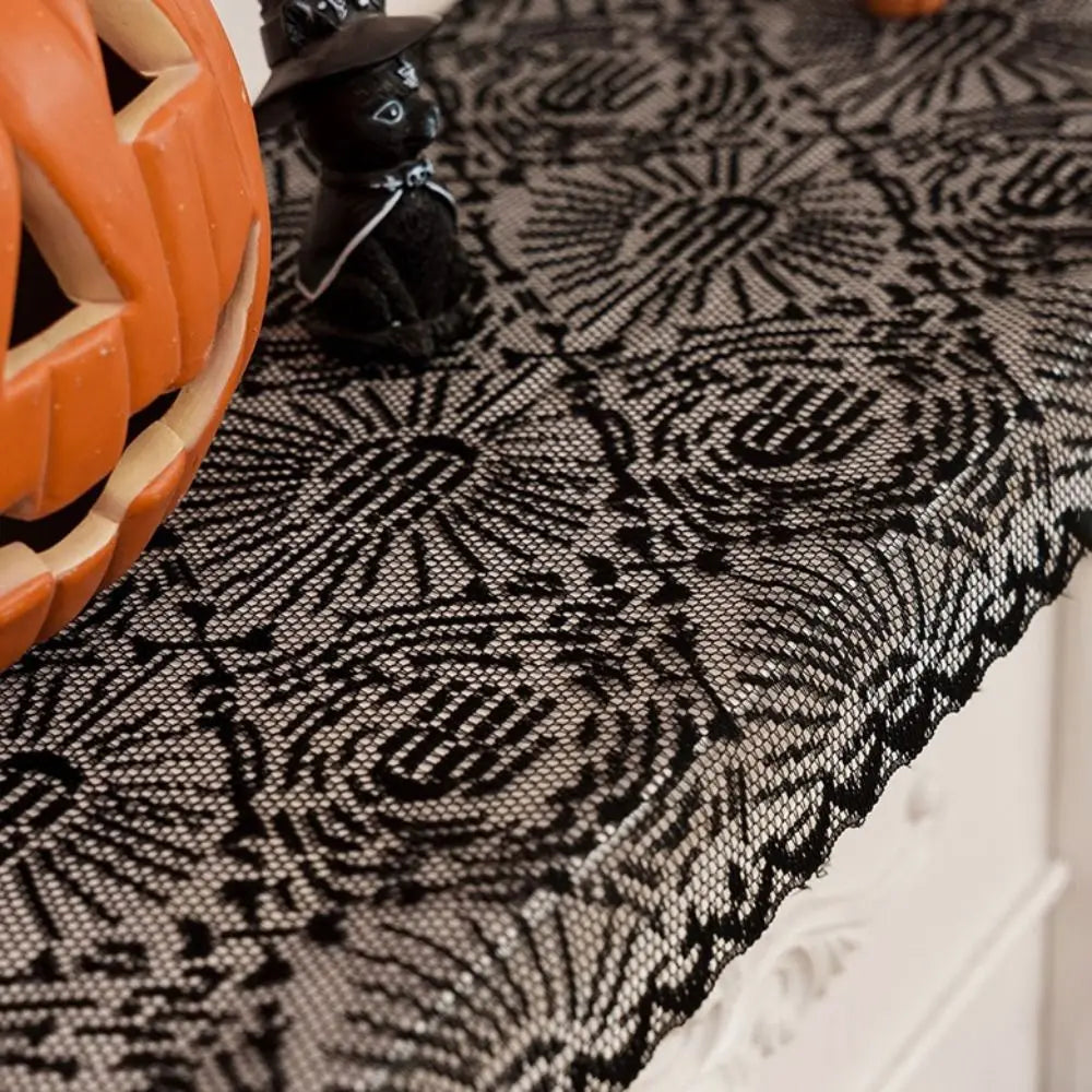 Black Halloween Lace Table Runner – Gothic Spider Web Cobweb