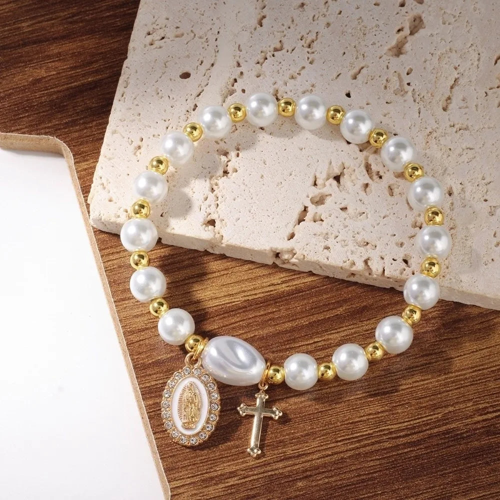 Blue & White Porcelain Ceramic Pearl Bracelet – Vintage Elastic Beaded Bracelet Nixie