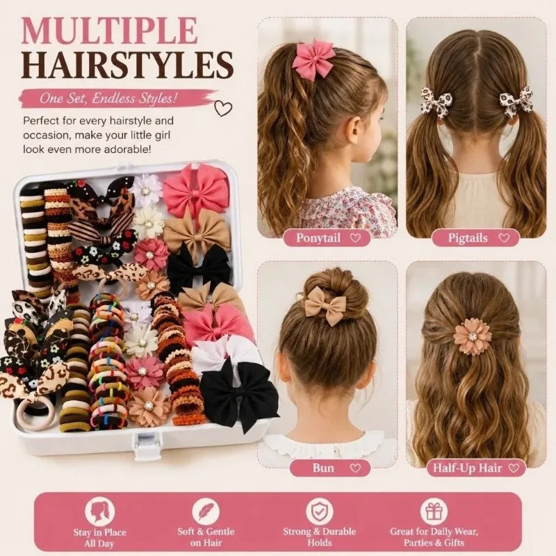 Girls Elastic Floral Bow Hair Bands & Bunny Ear Hair Ties Set Hair Accessories Set Nixie