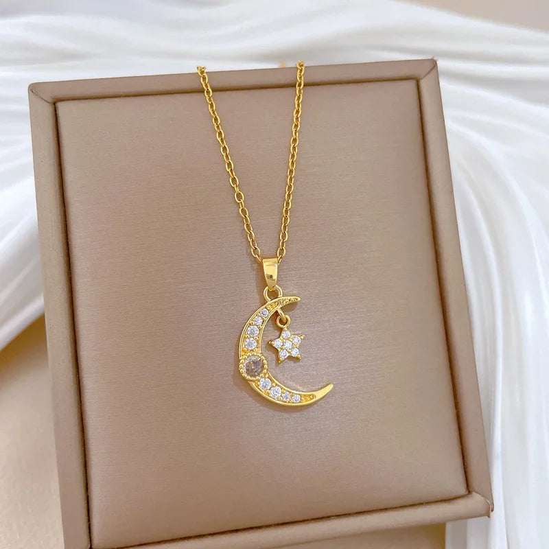 Star Moon Pendant Necklace – Gold Stainless Steel Choker Women Pendant Necklace Nixie